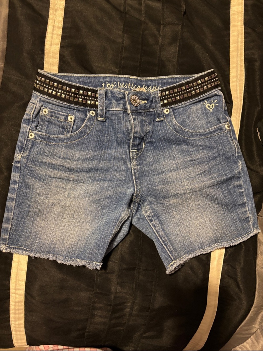 Justice Light Blue Denim Shorts with Studded Black Belt